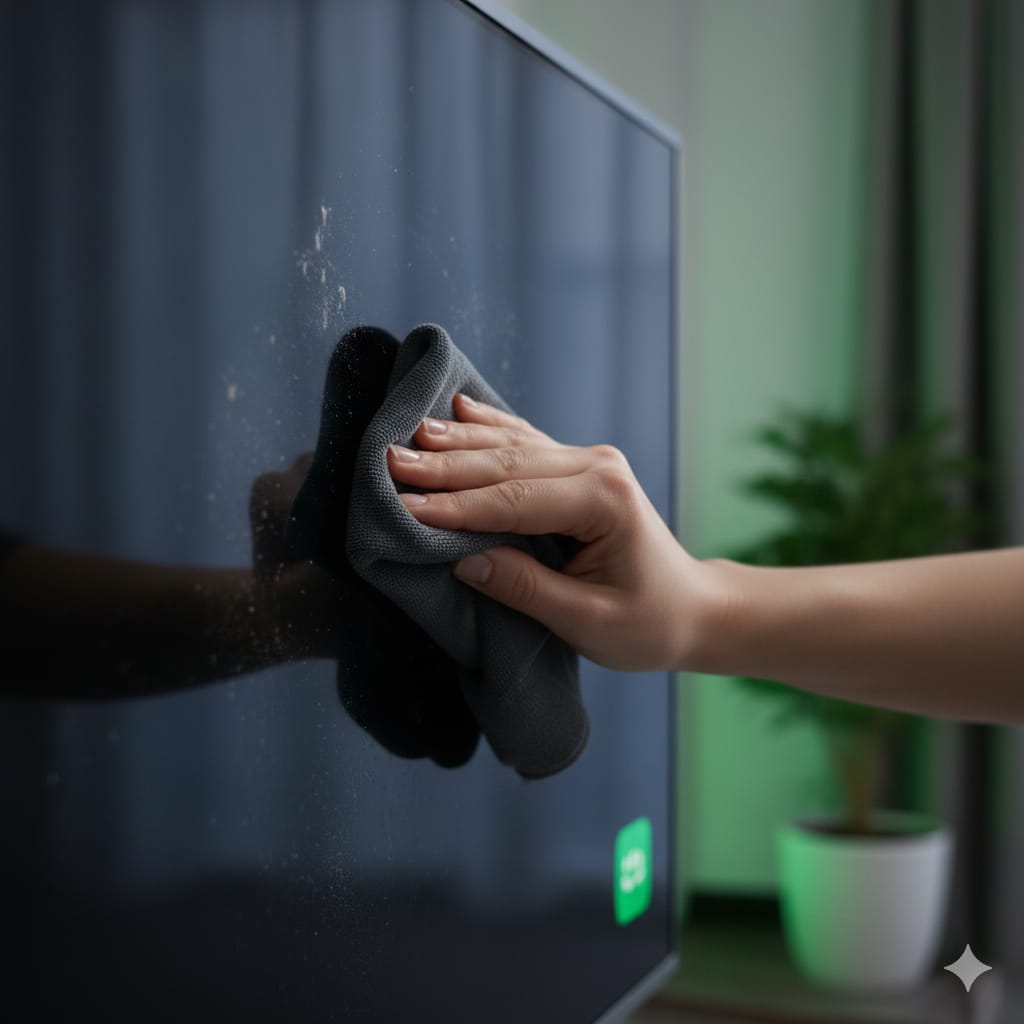 Limpiando una pantalla de TV con microfibra